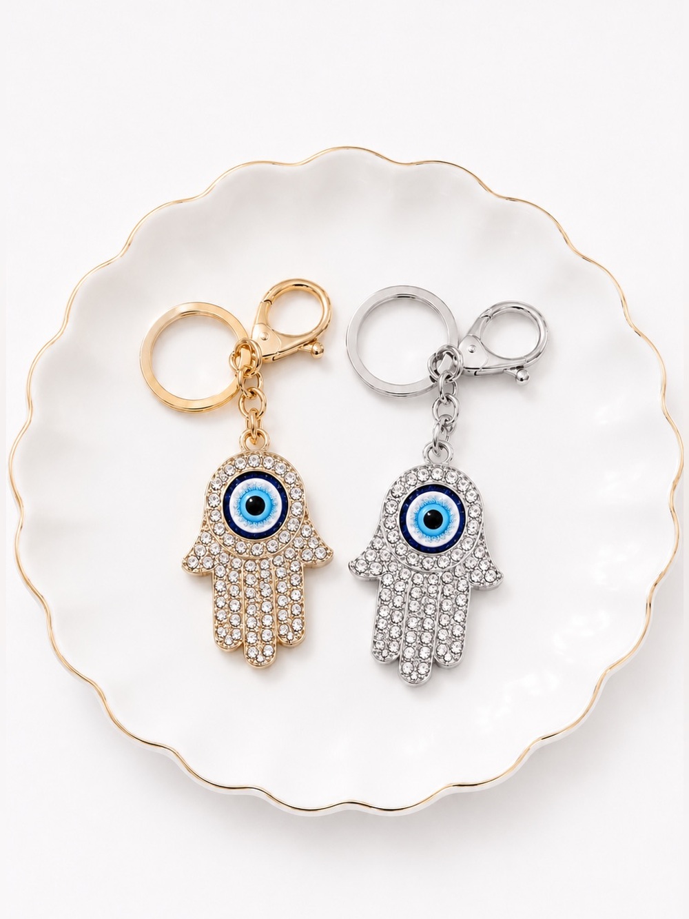 Gold and Silver Crystal Hamsa Keychain with Blue Eye Charm